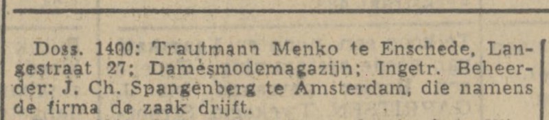 Langestraat 27 Damesmodemagazij Trautmann Menko krantenbvericht Tubantia 25-6-1941.jpg
