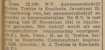 Javastraat 23 Aannemersbedrijf Gebrs. Trebbe krantenbericht Tubantia 30-12-1941.jpg