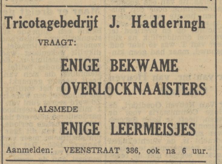 Veenstraat 386 Tricotagebedrijf J. Hadderingh advertentie Tubantia 8-3-1951.jpg