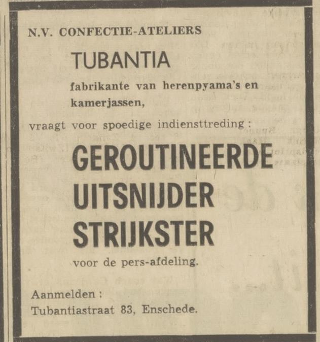 Tubantiastraat 83 N.V. Confectie Ateliers Tubantia advertentie Tubantia 12-6-1970.jpg