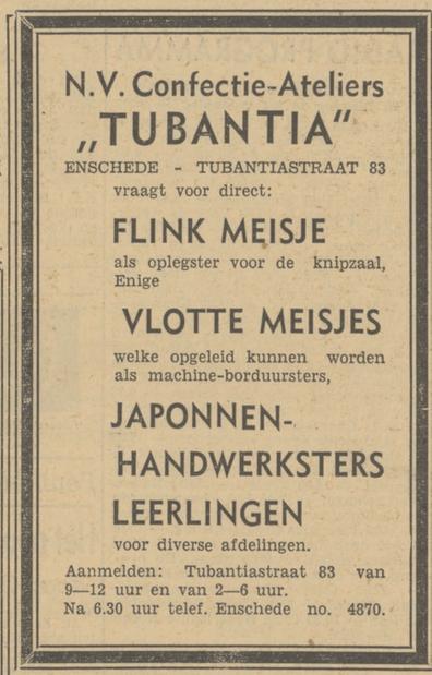 Tubantiastraat 83 N.V. Confectie Ateliers Tubantia advertentie Tubantia 8-8-1949.jpg