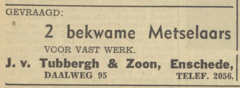 Daalweg 95 Aannemersbedrijf J. van Tubbergh & Zoon advertentie Tubantia 22-4-1956.jpg