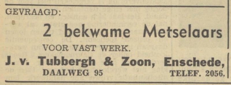 Daalweg 95 Aannemersbedrijf J. van Tubbergh & Zoon advertentie Tubantia 22-4-1956.jpg