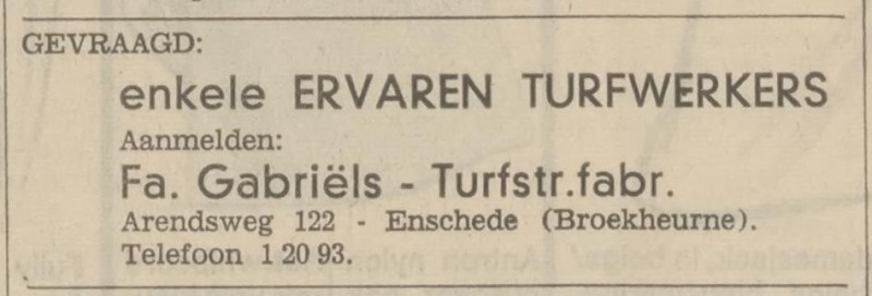 Arendsweg 122 Fa. Gabriels Turfstrooiselfabriek Broekheurne advertentie Tubantia 27-4-1966.jpg