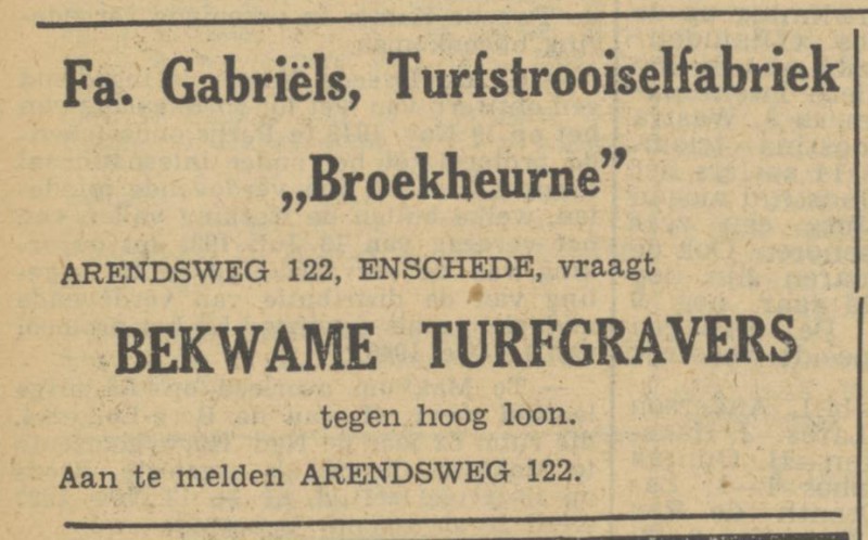 Arendsweg 122 Fa. Gabriels Turfstrooiselfabriek Broekheurne advertentie Tubantia 21-2-1950.jpg