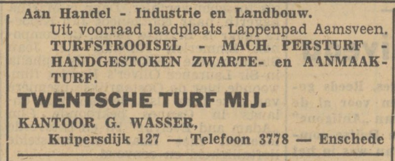 Kottendijk 127 Twentsche Turf Mij. kantoor G. Wasser advertentie Tubantia 31-8-1949.jpg