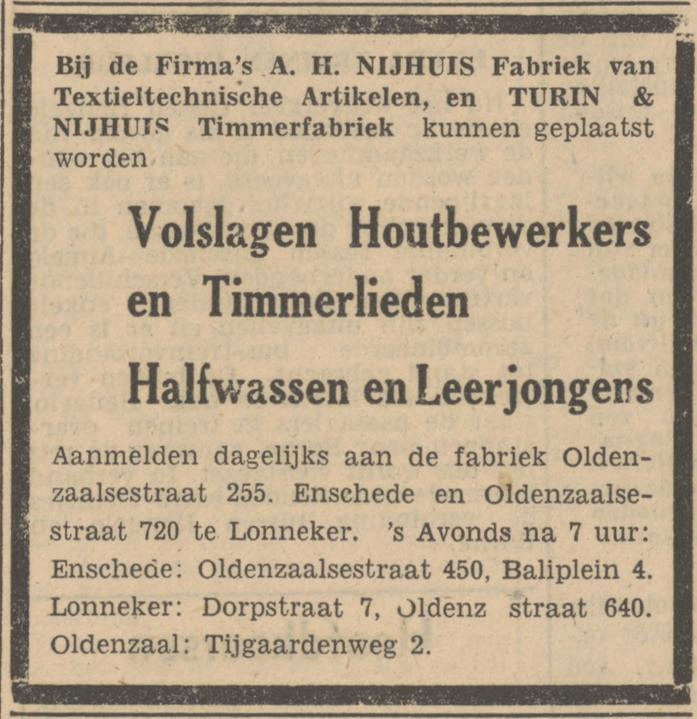 Oldenzaalsestraat 255 Fa. A.H. Nijhuis Fabriek van Textieltechnische Artikelen advertentie Tubantia 16-9-1947.jpg