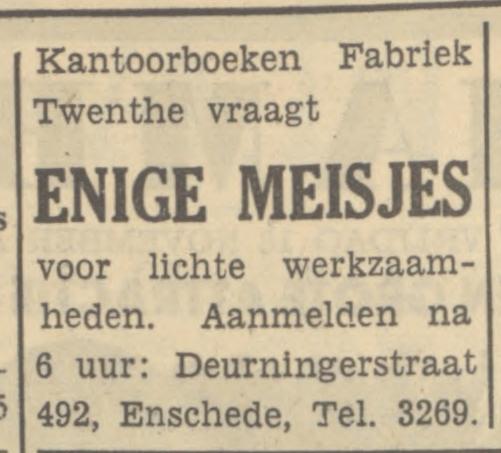 Deurningerstraat 492 Kantoorboeken Fabriek Twenthe advertentie Tubantia 17-11-1949.jpg