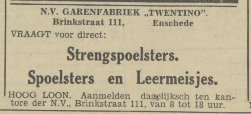 Brinkstraat 111 Garenfabriek Twentino advertentie Tubantia 19-10-1946.jpg