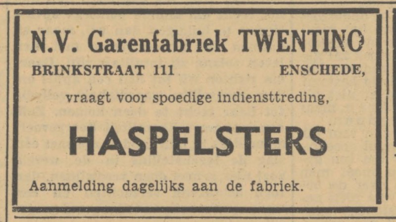 Brinkstraat 111 Garenfabriek Twentino advertentie Tubantia 8-11-1951.jpg