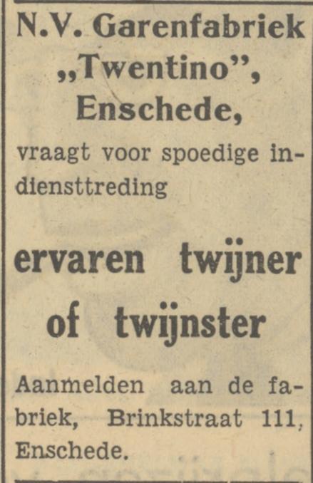 Brinkstraat 111 Garenfabriek Twentino advertentie Tubantia 11-11-1950.jpg