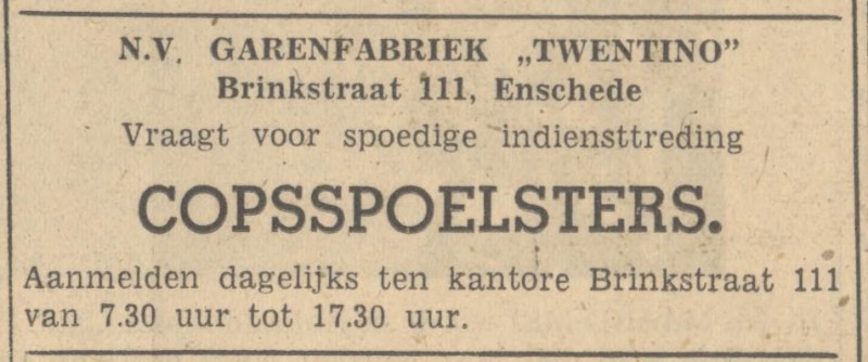 Brinkstraat 111 Garenfabriek Twentino advertentie Tubantia 6-5-1947.jpg