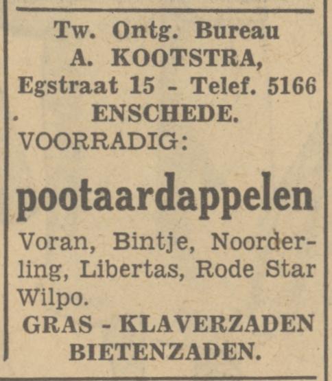 Egstraat 15 Twentsch Ontg. Bureau A. Kootstra advertentie Tubantia30-4-1949.jpg
