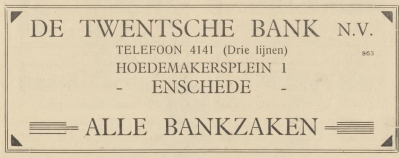 Hoedemakerplein 1 De Twentsche Bank. tel. 4141. advertentie Centraal blad voor Israëlieten in Nederland 8-12-1933.jpg