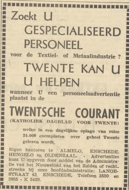 Langestraat 43 Twentsche Courant advertentie Nieuwsblad van het Zuideb 15-3-1955.jpg