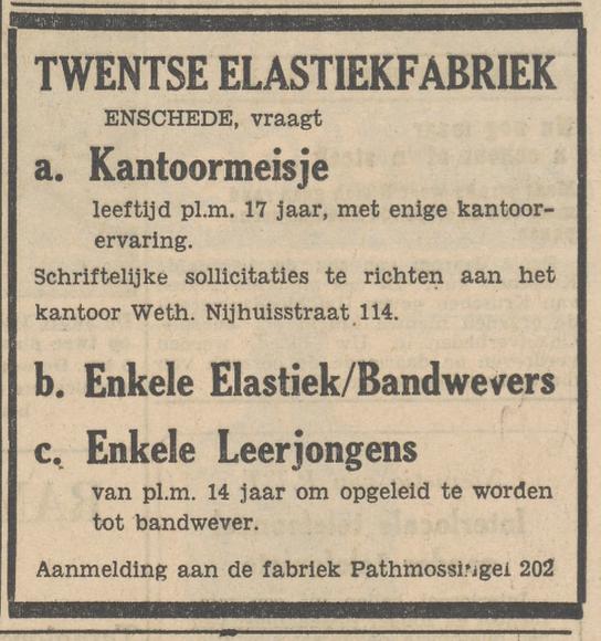 Wethouder Nijhuisstraat 114 Twentse Elastiekfabriek advertentie Tubantia 18-3-1953.jpg