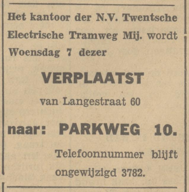 Parkweg 10 kantoor N.V. Twentsche Electrische Tramweg Mij. advertentie Tubantia 6-12-1934.jpg