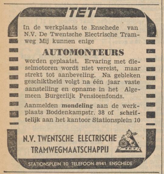 Boddenkampstraat 38 werkplaats N.V. Twentsche Electrische Tramwegmaatschappij advertentie Tubantia 20-9-1955.jpg
