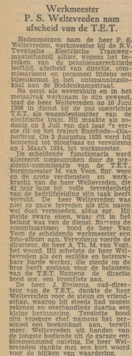 P.S. Weltevreden werkmeester N.V. Twentsche Electrische Tramwegmaatschappij krantenbericht Tubantia 5-1-1951.jpg