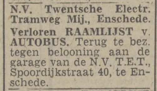 Spoordijkstraat 40 N.V. Twentsche Electrische Tramweg Mij. garage N.V. T.E.T. advertentie Twentsch nieuwsblad 17-9-1943.jpg