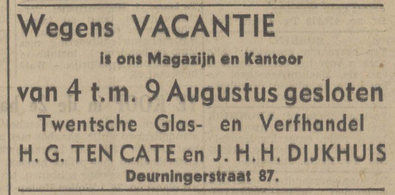 Deurningerstraat 87 Twentsche Glas- en Verfhandel H.G. ten Cate en J.H.H. Dijkhuis advertentie Tubantia 2-8-1941.jpg