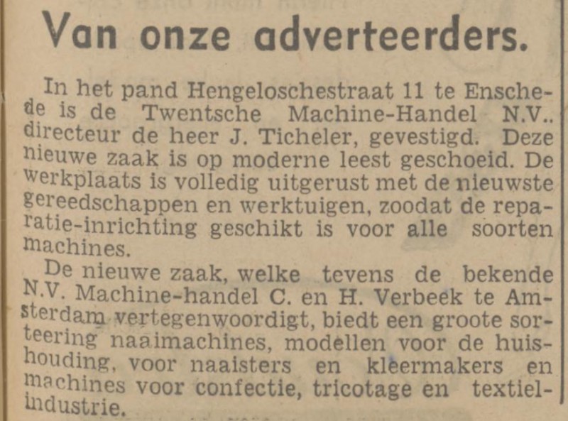 Hengelosestraat 11 Twentsche Machinehandel N.V. J. Ticheler krantenbericht Tubantia31-5-1941.jpg