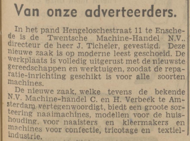 Hengelosestraat 11 Twentsche Machinehandel N.V. J. Ticheler krantenbericht Tubantia31-5-1941.jpg
