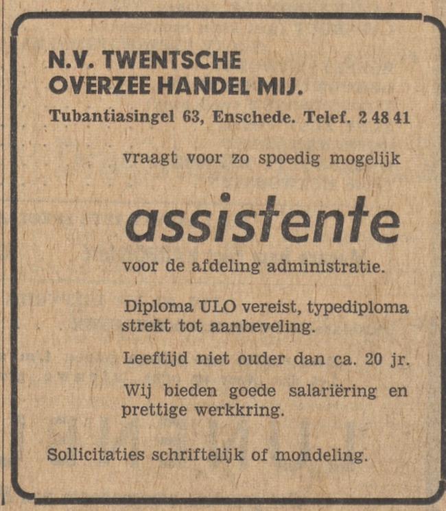 Tubantiasingel 63 N.V. Twentsche Overzee Handel Mij. advertentie Tubantia 6-5-1965.jpg