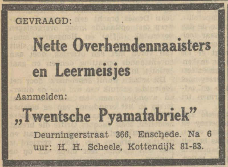 Deurningerstraat 366 Twentsche Pyamafabriek advertentie Tubantia 9-12-1950.jpg