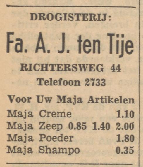 Richtersweg 44 Drogisterij Fa. A.J. ten Tije advertentie Tubantia 8-3-1954.jpg