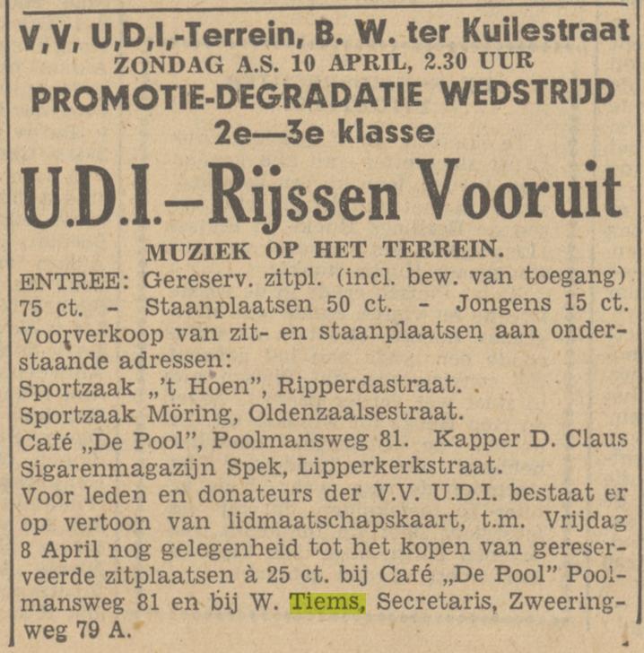 Zweringweg 79a W. Tiems secretaris V.V. UDI advertentie Tubantia 5-4-1949.jpg