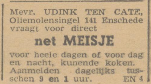 Oliemolensingel 141 Mevr. Udink ten Cate advertentie Twentsche Courant 19-12-1945.jpg