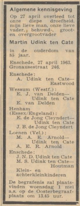 Gronausestraat 246 M. Udink ten Cate overlijdensadvertentie Algemeen Handelsblad 30-4-1963.jpg