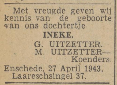 Laaressingel 37 G. Uitzetter advertentie Twentsch nieuwsblad 28-4-1943.jpg