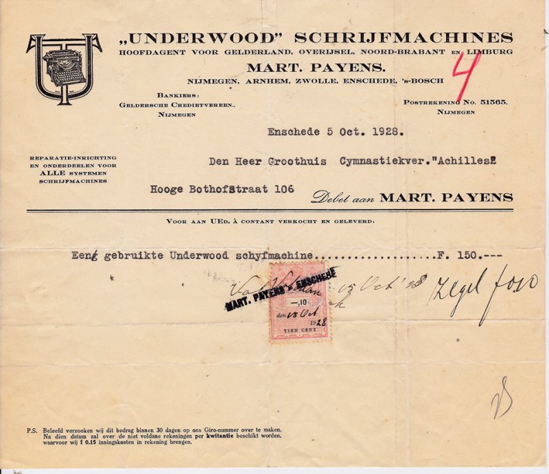 Lasondersingel 2 Underwood M.Payens kantoormachines rekening 5-10-1928.jpg