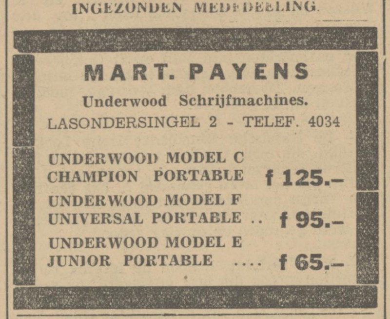 Lasondersingel 2 Underwood schrijfmachines Mart. Payens advertentie Tubantia 28-12-1935.jpg