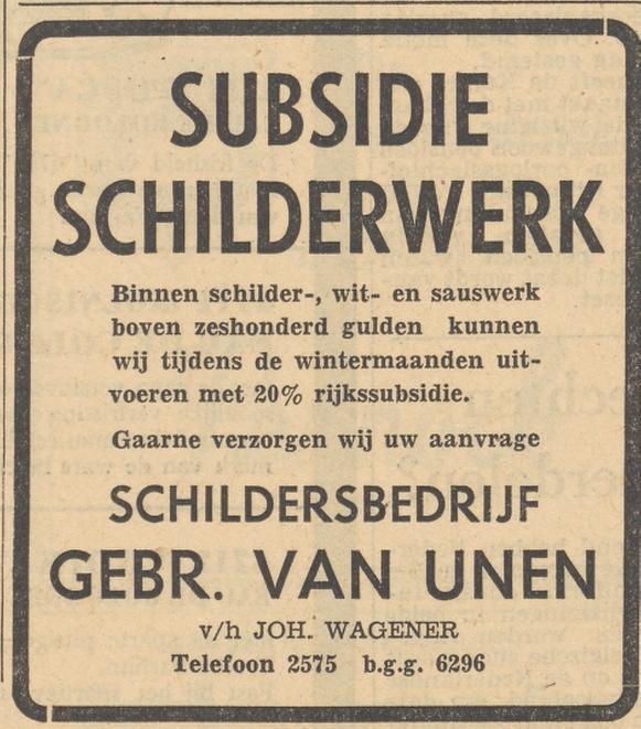 Lipperkerkstraat 217 Schildersbedrijf Gebr. van Unen v.h. Joh. Wagener advertentie Tubantia 3-11-1955.jpg