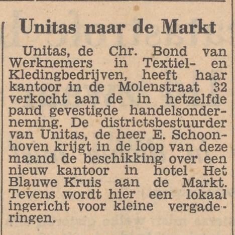 Molenstraat 32 Unitas Chr. Bond van Wernemers in Textiel- en Kledingbedrijven krantenbericht Tubantia 5-12-1957.jpg