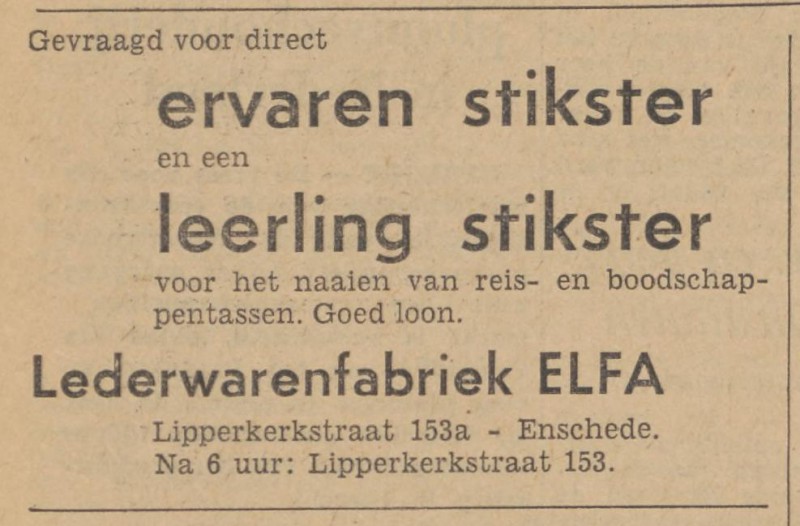 Lipperkerkstraat 153a Lederwarenfabriek Elfa advertentie Tubantia 27-9-1962.jpg