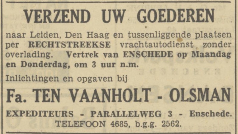 Parallelweg 3 Expeditie Fa. ten Vaanholt en Olsman advertentie Tubantia 21-1-1950.jpg