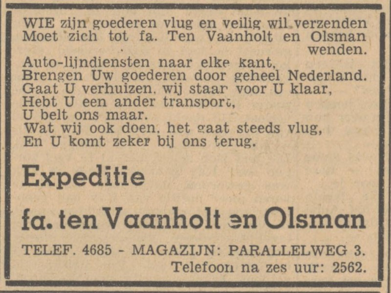 Parallelweg 3 Expeditie Fa. ten Vaanholt en Olsman advertentie Tubantia 23-9-1947.jpg