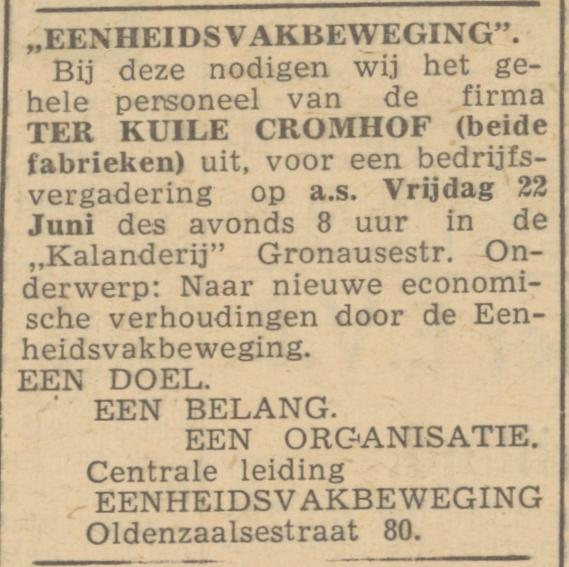 Oldenzaalsestraat 80 Eenheidsvakbeweging advertentie De Waarheid 21-6-1945.jpg