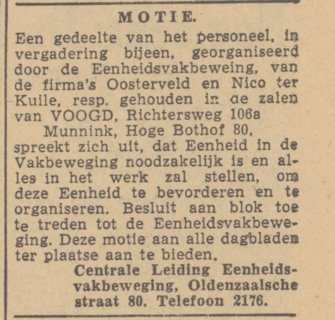 Oldenzaalsestraat 80 Eenheidsvakbeweging advertentie De Waarheid 22-5-1945.jpg