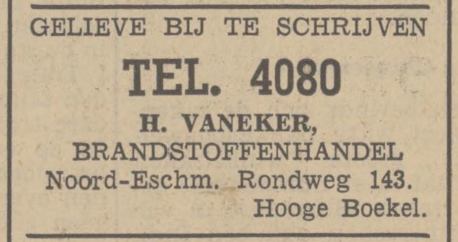Noord Esmarkerrondweg 143 Hoge Boekel Brandstoffenhandel H. Vaneker advertentie Tubantia 26-2-1938.jpg