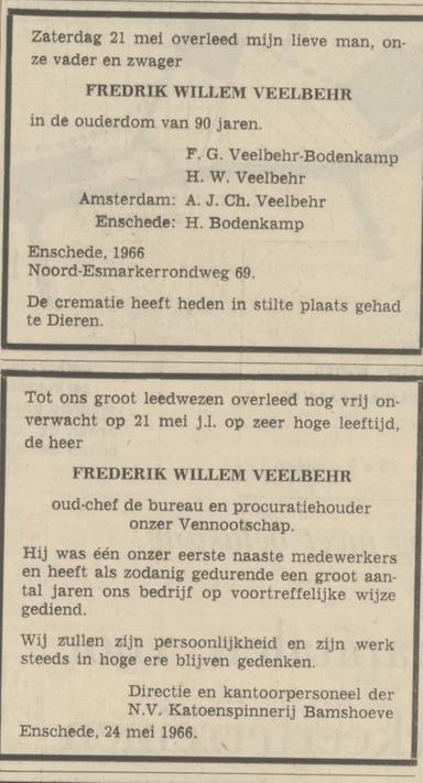 Noord Esmarkerrondweg 69 F.W. Veelbehr overlijdensadvertententie Tubantia 24-5-1966.jpg