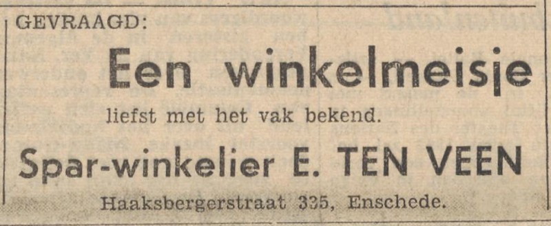 Haaksbergerstraat 335 Sparwinkelier E. ten Veen advertentie Tubantia 15-11-1961.jpg