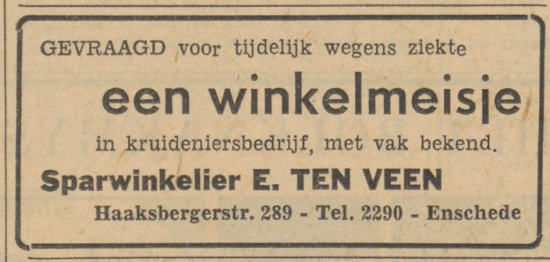 Haaksbergerstraat 289 Sparwinkelier E. ten Veen advertentie Tubantia 15-1-1959.jpg