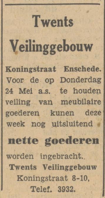 Koningstraat 8-10 Twents Veilinggebouw advertentie Tubantia 17-5-1951.jpg