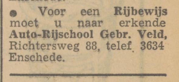 Richtersweg 88 Auto-Rijschool Gebr. Veld advertentie Tubantia 1-6-1951.jpg