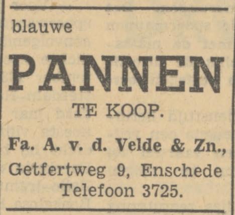 Getfertweg 9Fa. A. v.d. Velde & Zn. advertentie Tubantia 26-10-1950.jpg